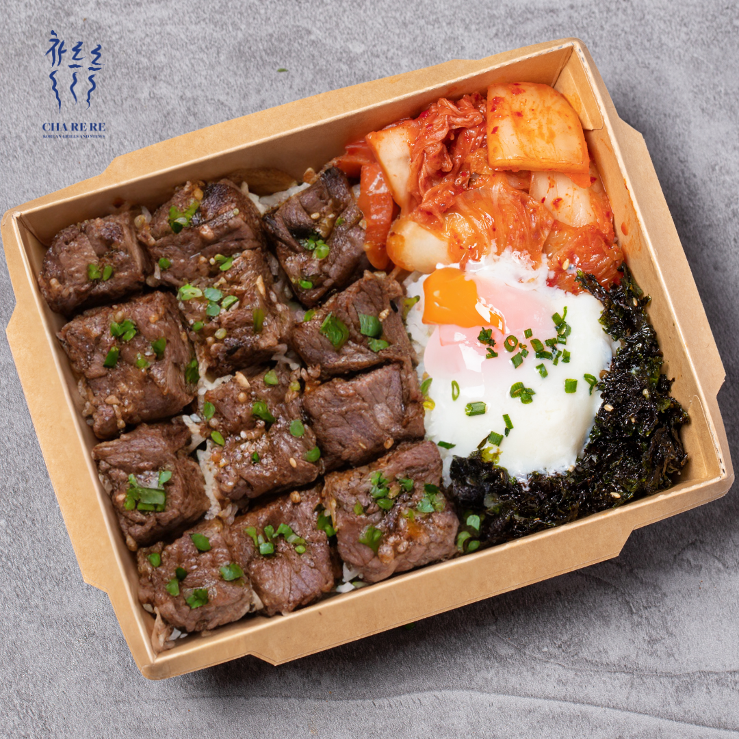 Korean BBQ Beef cubes takeaway rice bowls 